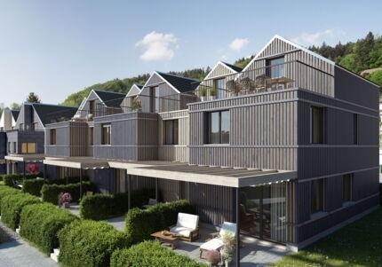 Siedlung mit Tinyhäusern, Mehrfamilienhaus & Einfamilienhaus